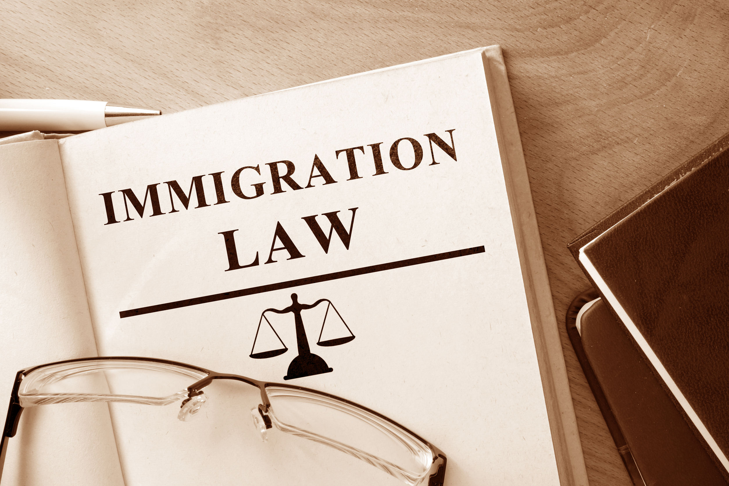 book with words immigration law and glasses